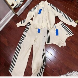 adidas Cream Knit Three-Piece Set with Black Stripes